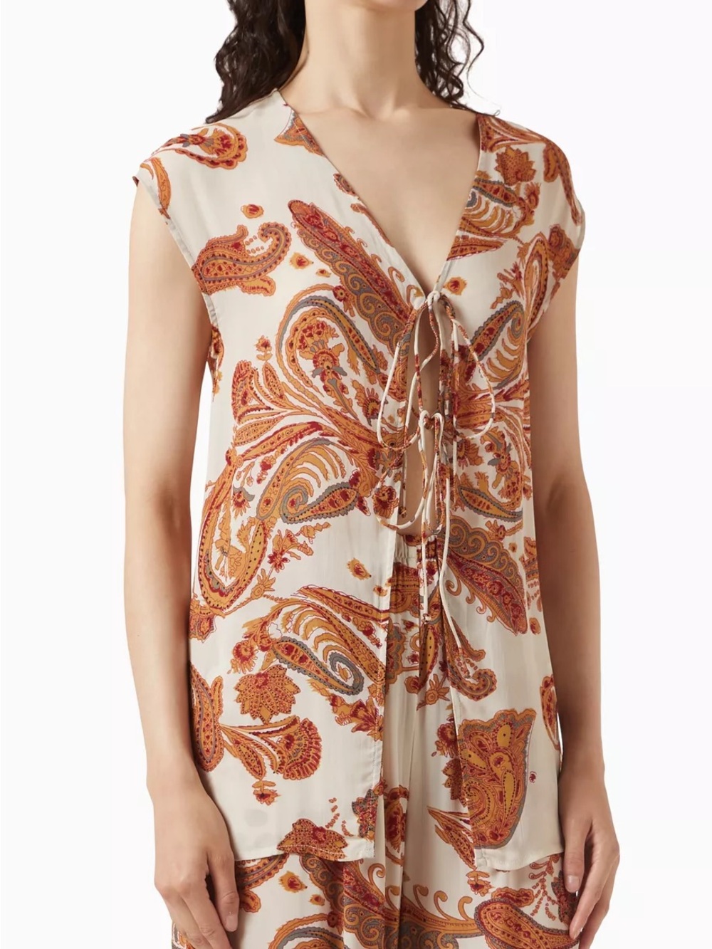 Faithfull the Brand Cream and Orange Paisley Ionica Tie-Front Top